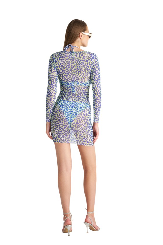 'RASTA' LONG SLEEVED SEMI-SHEER MINI DRESS/KAFTAN WITH RING DETAIL